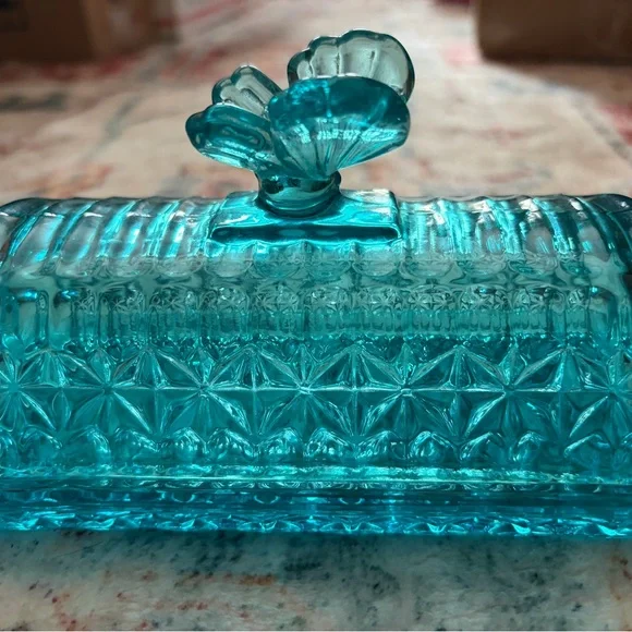 Vintage Teal Butterfly Glass Butter Dish - Picture 2 of 8